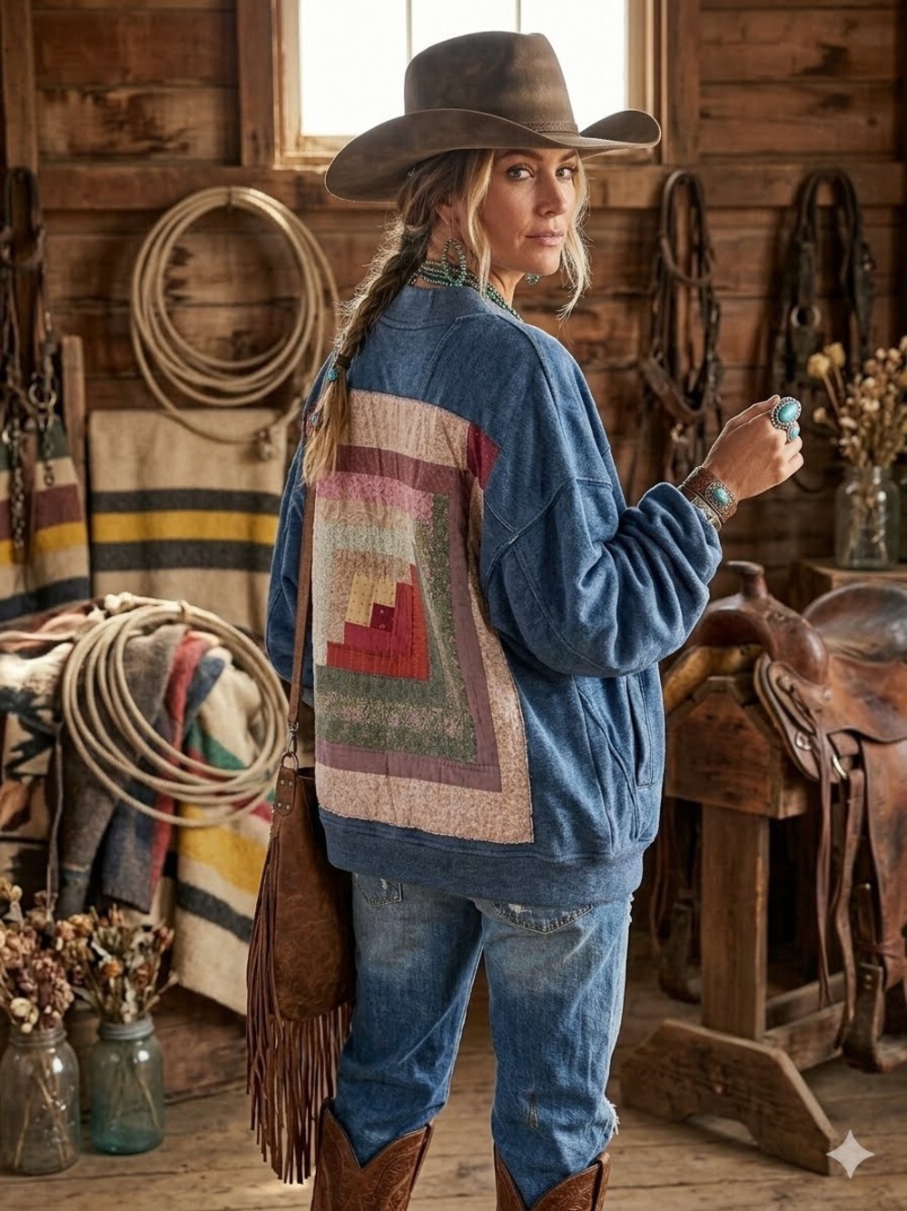Artisan Quilted back patchwork zip up fall herringbone jacket w cottage vibe